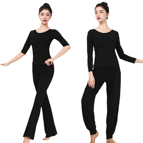 Modern dance dress for women, set includes black practice attire, classical dancewear, slimming micro-bell-bottom pants, form-fitting attire, modal fabric.