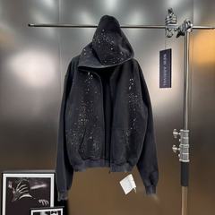 美式复古风重工五角星彩钻连帽拉链开衫卫衣外套