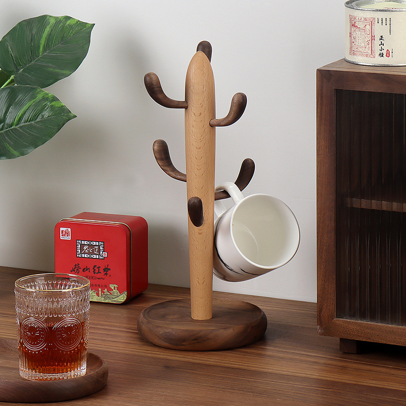 W1YP cactus black walnut solid wood cup holder hanging cup storage rack glass mug holder water cup holder