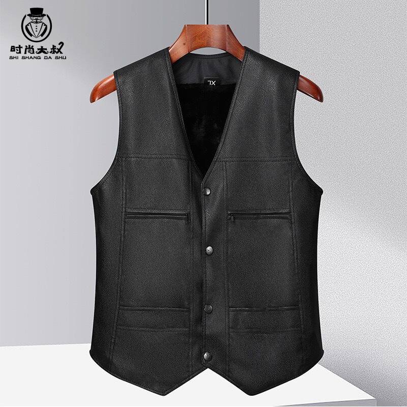 Leather vest men's middle-aged and elderly autumn and winter men's fleece-lined heating vest father warm waistcoat live explosions Leather vest men's middle-aged and elderly autumn and winter men's fleece-lined heating vest father warm waistcoat live explosions