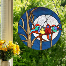 跨境 四只鳥兒彩繪玻璃窗戶掛飾 藝術吊鏈跨境專供玻璃彩繪藝術