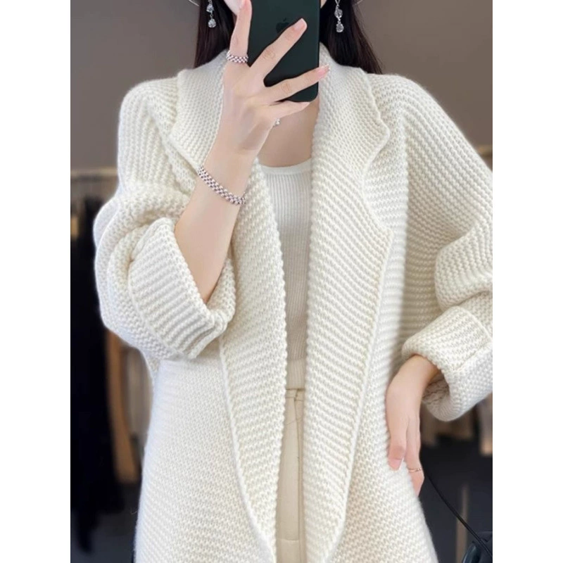 Knitted long cardigan, winter classic suit jacket, solid sweater, mid-length, increased thickness, oversize