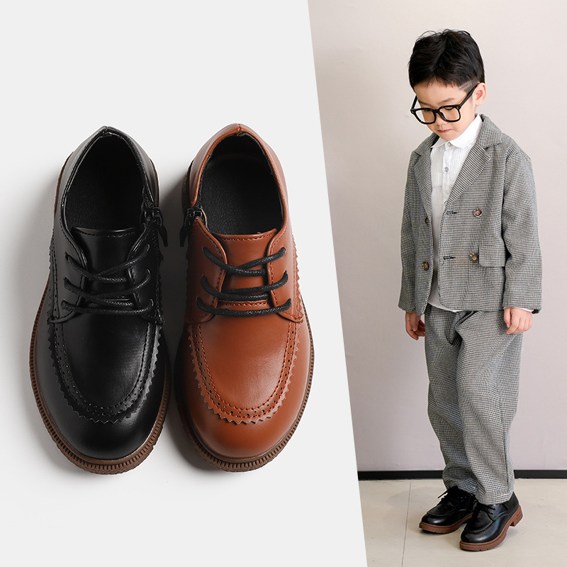 Boys' Black Leather Shoes Soft Sole Spring & Fall British School Soft Leather Student Performance Shoes Little Boy Kidsren's Performance Shoes