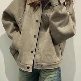 美式复古短款麂皮绒外套女春秋季2025新款慵懒中性风宽松夹克上衣