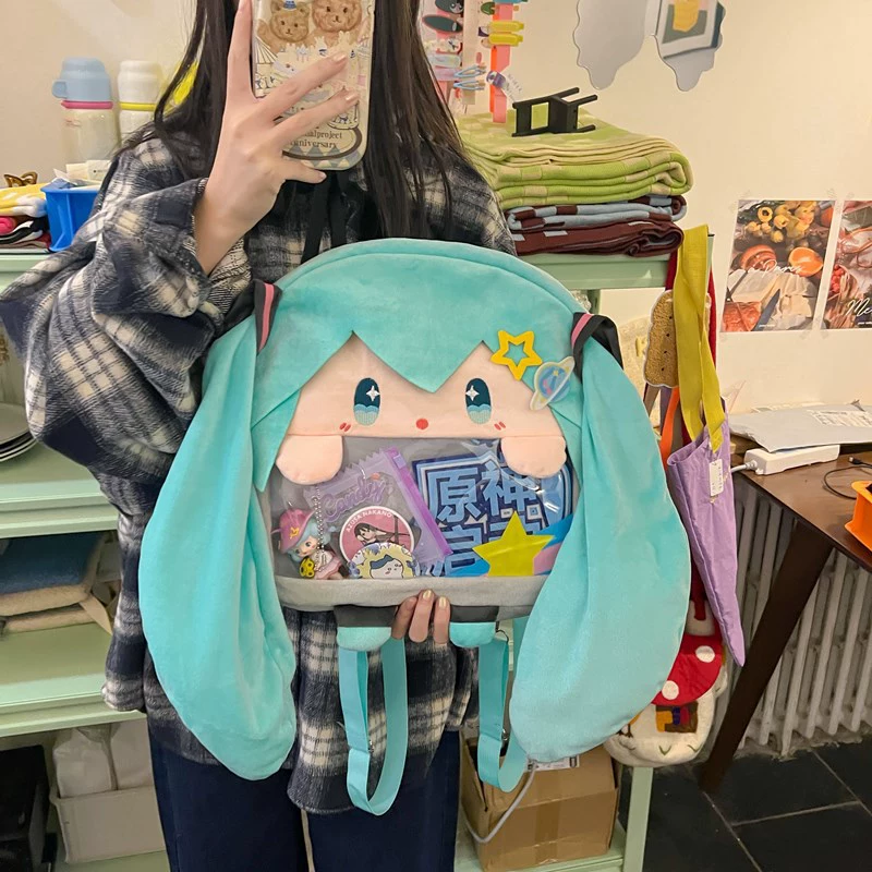 Backpack cute Japanese cartoon style plush backpack with clear front window, green