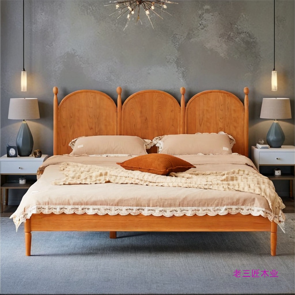 All Solid Wood Cherry Wood Retro Bed Small Apartment Simple Japanese Style Master Bedroom Double Bed Nordic Black Walnut Castle Bed