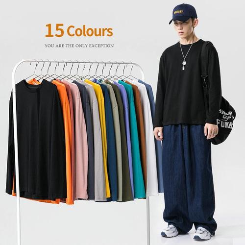 Autumn Plain Color Long Sleeve Men's and Women's Streetwear Hip-Hop Loose Long Sleeve T-Shirt Top Korean Style Round Neck Base Shirt Hoodie Top