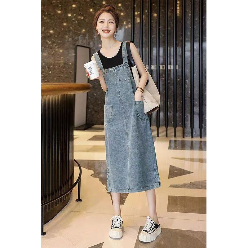 High-end Western-style Denim Strap Dress Women's Mid-length 2024 Summer New Korean Style Flesh Covering Slim Look Fashionable Dress