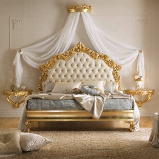 Master Bedroom Double Bed European-Style Solid Wood Princess Bed Internet-Famous Frame Carved Leather Bed French-Style Gold Foil Wedding Bed Bedroom Large Bed