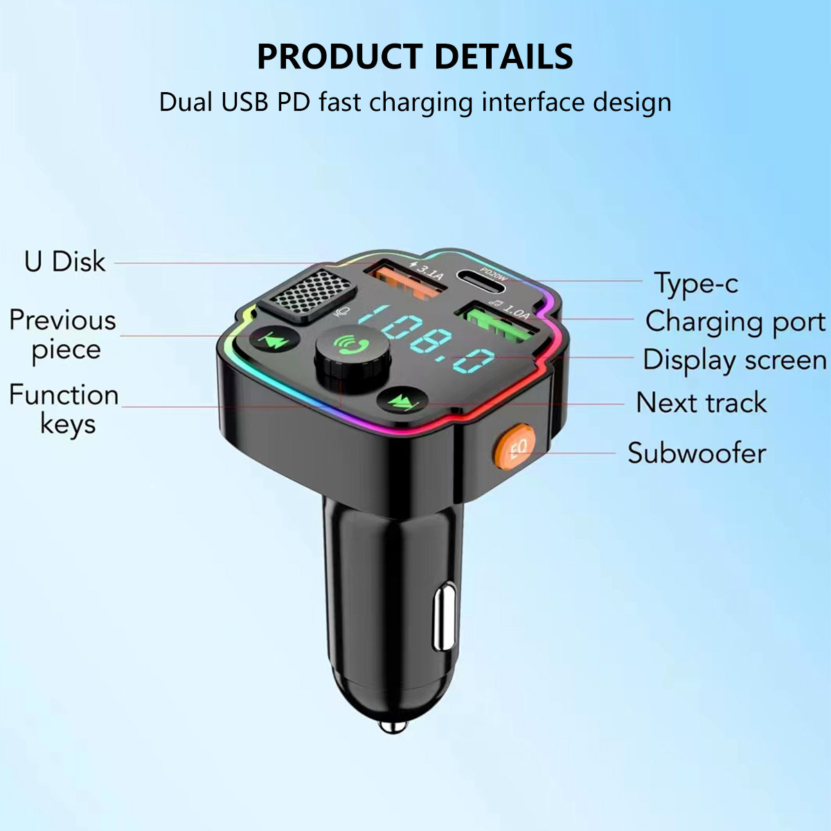 Q8 Car Mp3 Bluetooth Player Plug-In Card/U Disk Lossless Sound Quality Hands-Free Call Fm Transmitter Car Mp3