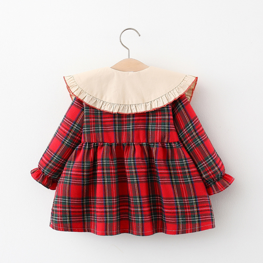 Jul Ny höst Flickrutad långärmad klänning Korean Edition Barndocka Polokrage Bomull Liten_voghion.com
