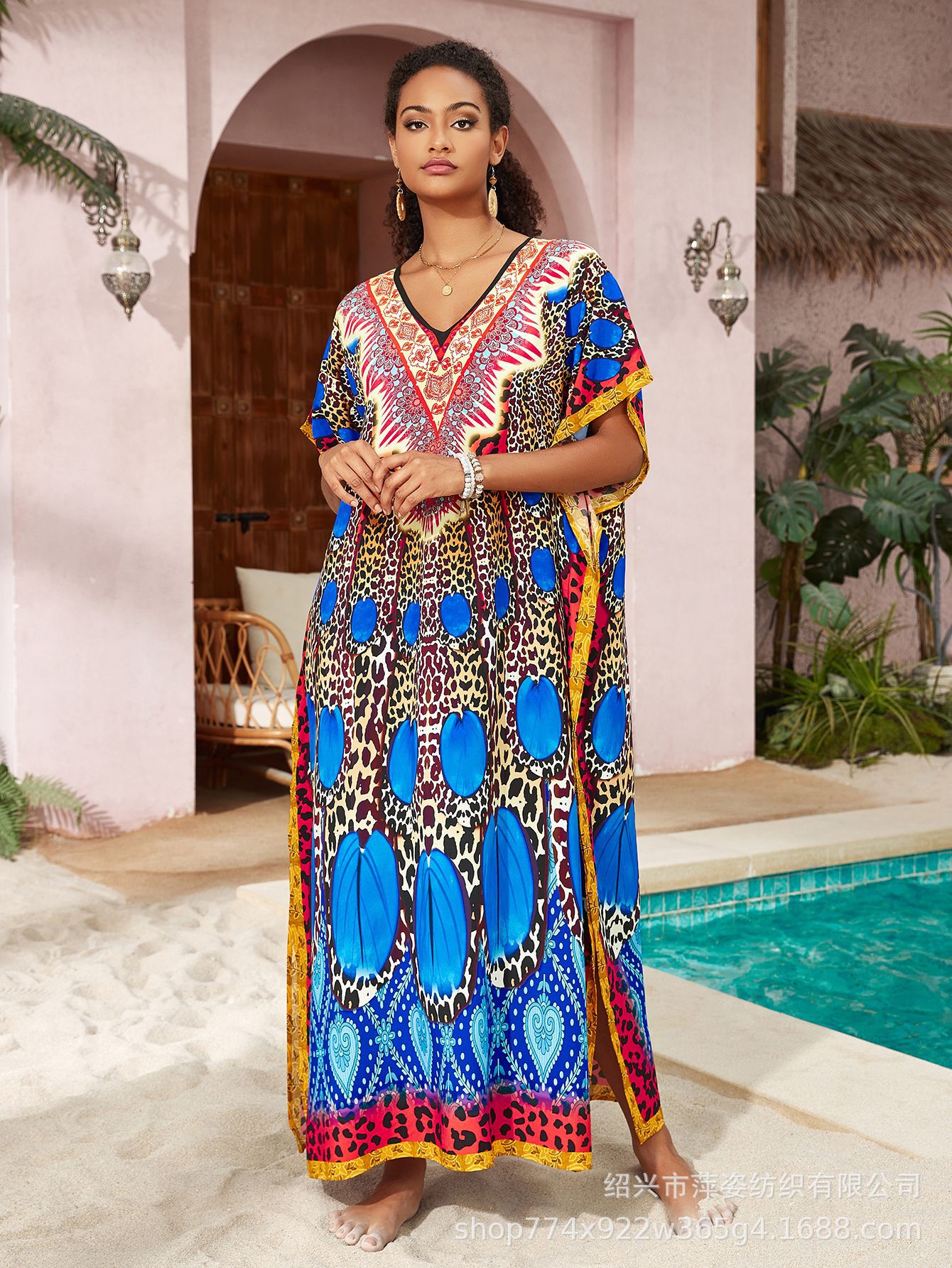 Camiseta de playa de algodón impresa de posicionamiento bohemio falda larga camisa de vacaciones protector solar bañador con pañuelo AT556