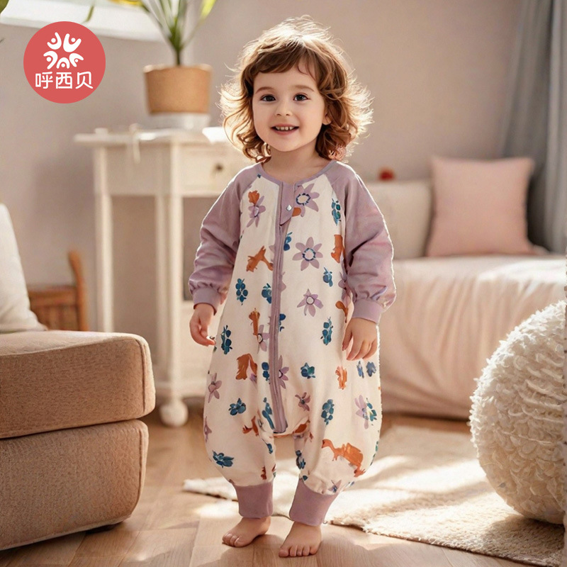 Huxibei Baby Sleeping Bag 2.0 New Spring and Autumn Children's Sided Pajamas Baby's Four Seasons Leg Kick-proof Sleepwear