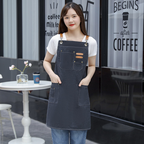 Pure cotton denim canvas apron DIY waterproof and wear-resistant apron simple fashion kitchen apron work apron