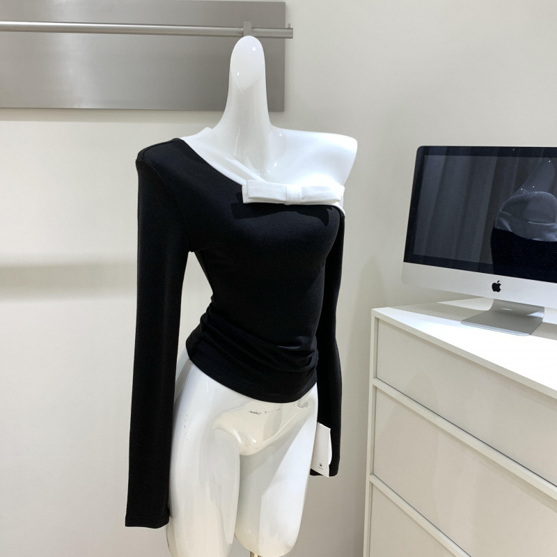 Senna Korean Style Black and White Splicing One-Shoulder Long-Sleeved T-Shirt for Women Early Autumn New Slim-Fitting Inner Layering Shirt Top