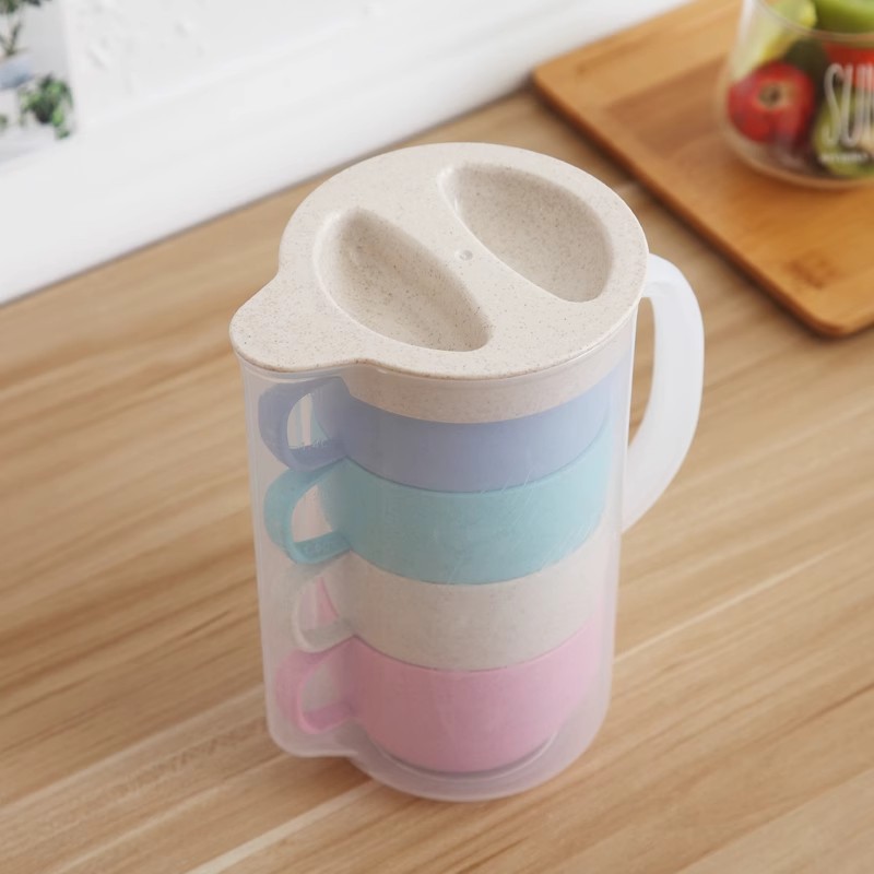 Juego de hervidor de agua frío para el hogar de paja de trigo al aire libre, hervidor de agua frío higiénico ecológico con taza, tetera de jugo de frutas resistente a altas temperaturas