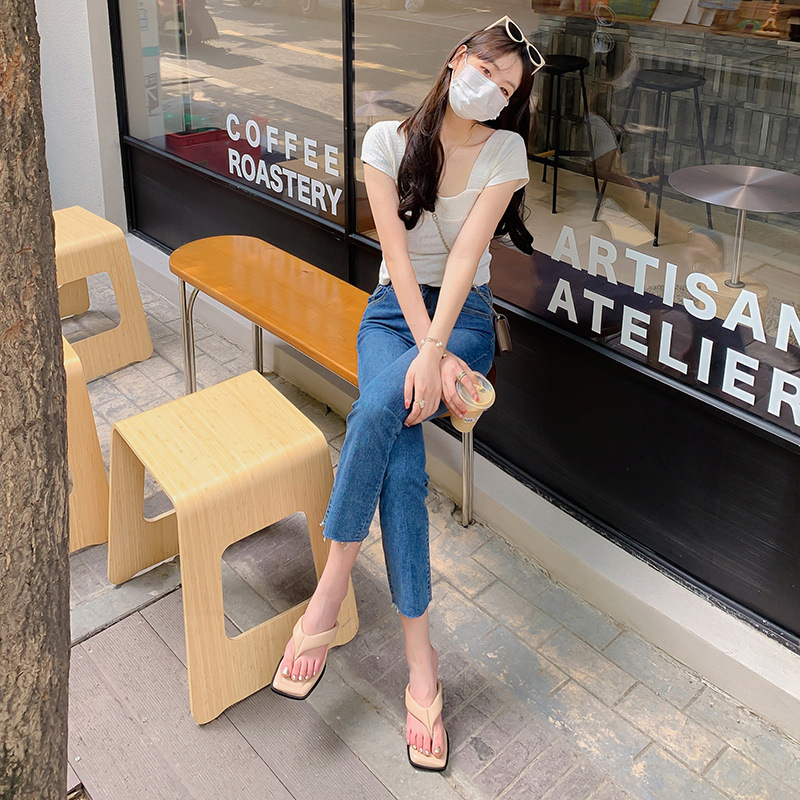 Dép sandal nữ xỏ ngón da cừu mũi vuông gót thấp — Màu đen chi tiết 2