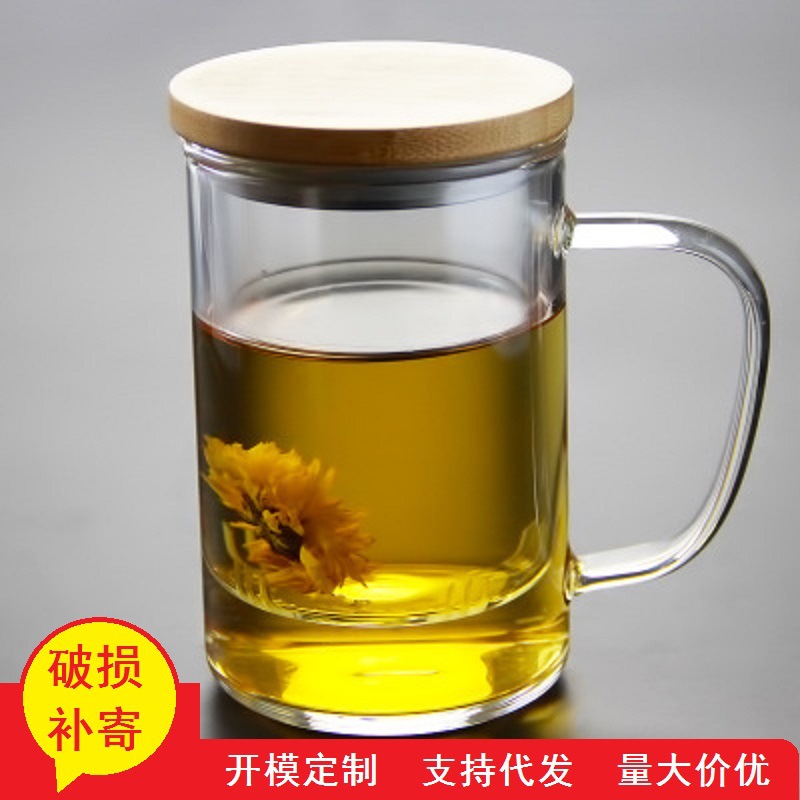 Cubierta de madera taza de té de vidrio de borosilicato con mango traje de té taza de té perfumada con tapa Filtro de tres piezas taza de té verde