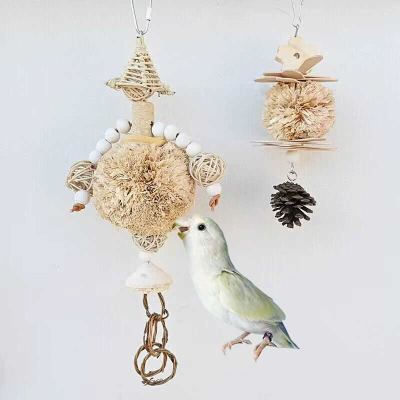 Птица-попугай игрушка кукурузный шелковый шарик кусает нитку натуральный ротанг сосновый шишковник