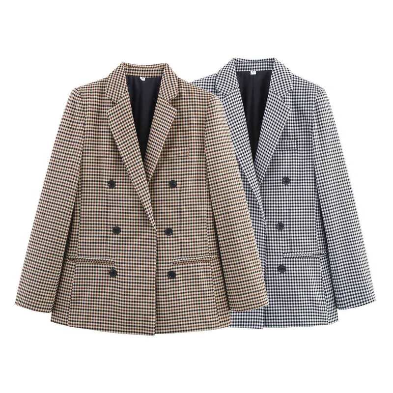 Women's New Blazer Double-Breasted European and American Style Houndstooth Suit Plaid Amazon Cross-Border