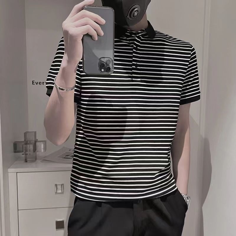 质感条纹衫男短袖夏季潮流休闲有领恤潮牌保罗衬衫领大码上衣服