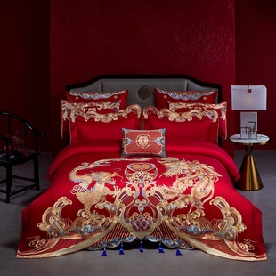 High-End 160S Long-Staple Cotton Wedding Four-Piece Set with Dragon and Phoenix Embroider New Chinoiserie Wedding Satin Six-Piece Set and Ten-Piece Set