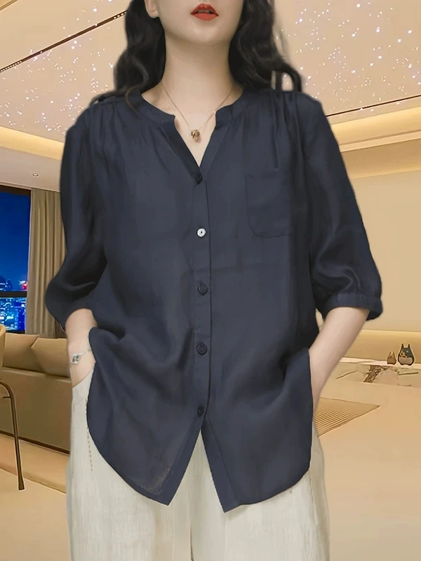 Летняя однотонная рубашка, plus size, оверсайз, V-образный вырез, западный стиль