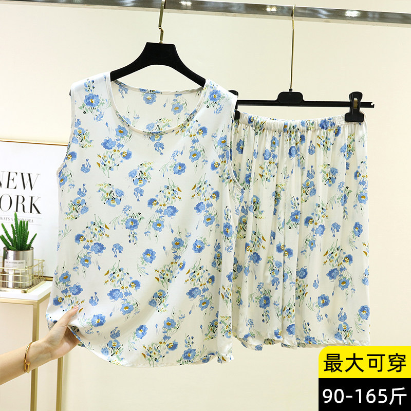 Cotton Silk Round-Neck Floral Vest Set, Summer Thin Style, Can Be Worn Outside, Artificial Cotton Sleeveless Two-Piece Set, Loose-Fitting Loungewear