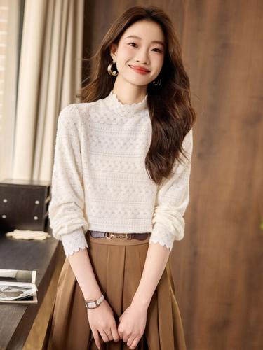 Jacquard lace bottoming shirt for women autumn and winter  brushed inner with temperament lace half turtleneck mesh top