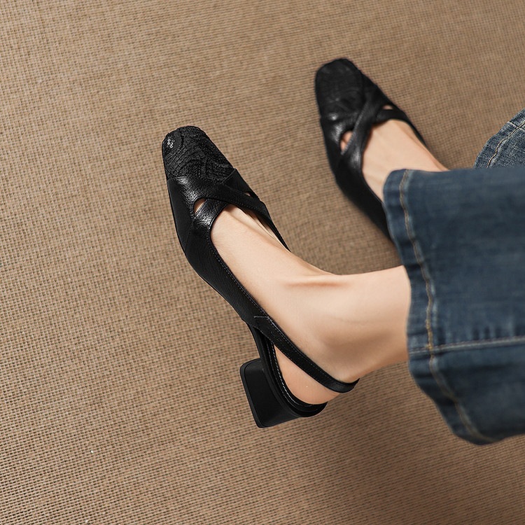 Sandal cao gót nữ hở mũi da cừu lưới phối màu quai ngang khóa — màu đen, màu trắng ngà chi tiết 58
