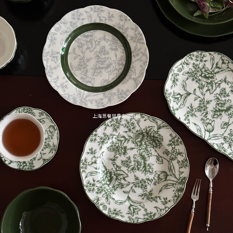 Retro French Tropical Rainforest Green Ceramic Tableware Household Dish Plate Round Simple Cooking Rice Bowl