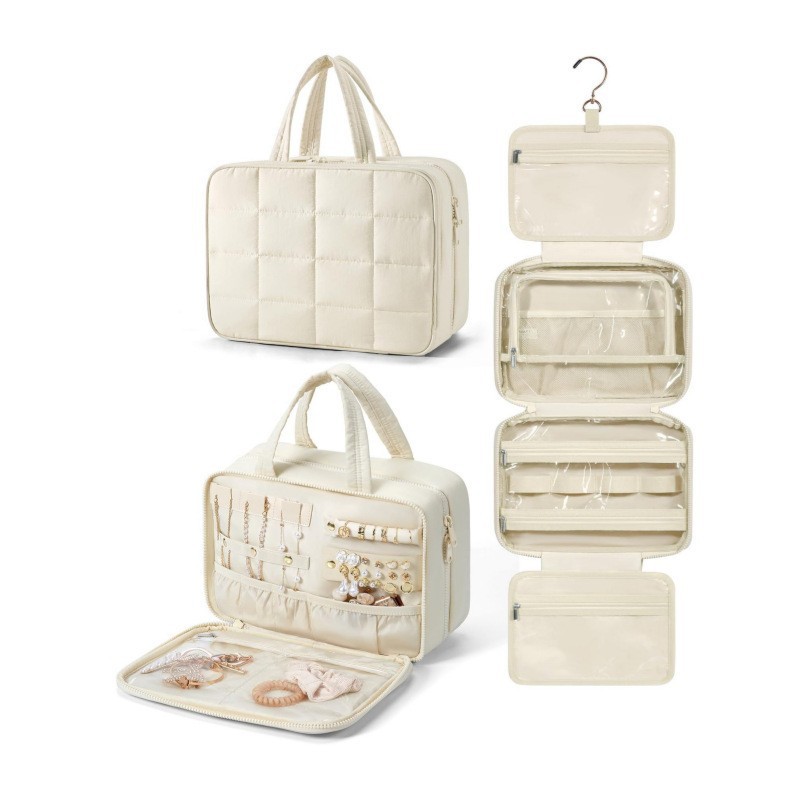 Bolsa de maquillaje multifuncional de gran capacidad de Amazon, bolsa de almacenamiento de viaje conveniente, bolsa de almacenamiento plegable de joyería