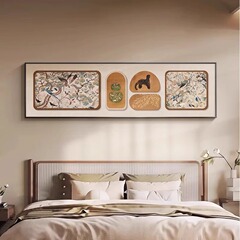 金銭豹寝室のベッドの上の装飾画は中古風の主な寝室の部屋の背景の壁の壁画の高級感を覆います。