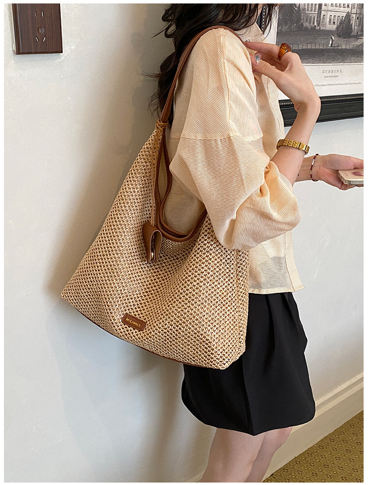 Gewebte Schultertasche Französischer Stil Gestreifte Strohtasche_voghion.com