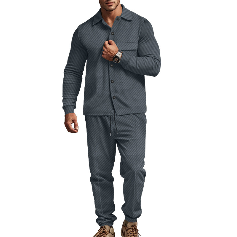Europa y los Estados Unidos transfronterizos Amazon otoño y invierno casual hombre con solapa camisa de manga larga cardigan de botón único chaqueta de color sólido set image 11