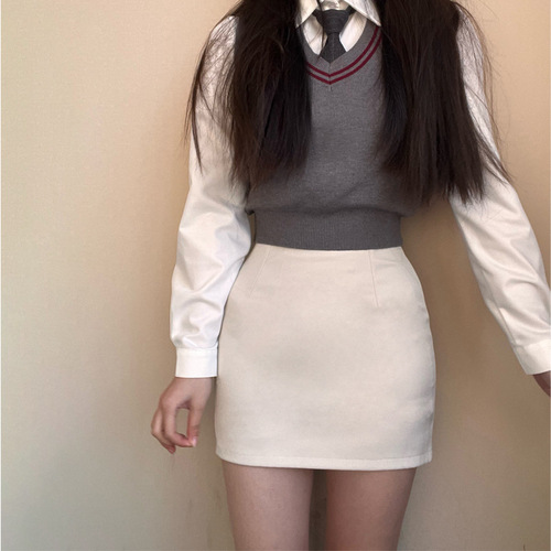 新款纯色半身裙韩版学院风马甲背心衬衫三件套四季款包臀裙套装女