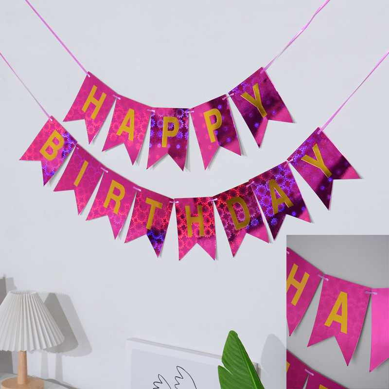 Papel de cumpleaños inglés dorado superficie brillante cola de pez tire bandera Feliz cumpleaños carta colorida bandera accesorios de decoración de fiesta