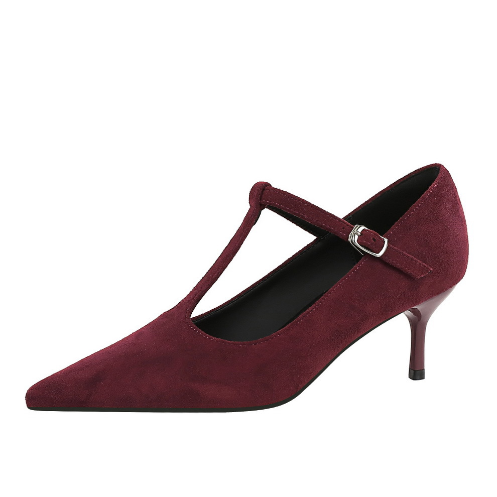 3628-B style retro pointed toe mid heel fine suede shallow mouth T-shaped strap single shoe women's banquet sexy women's shoes