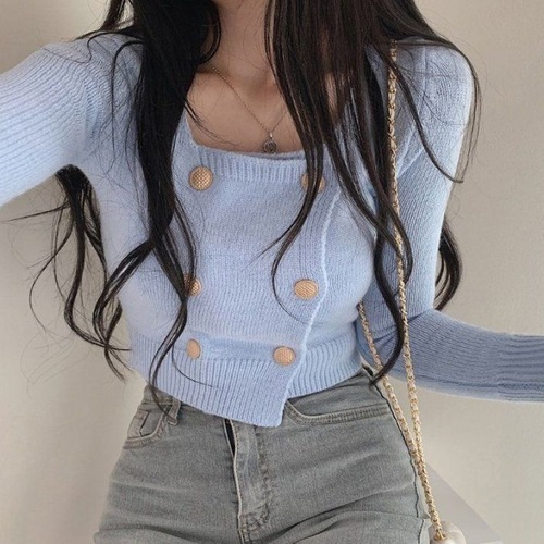 Autumn Hong Kong-style pure desire design square collar button short-sleeve long-sleeve base knit sweater trendy simple women's top