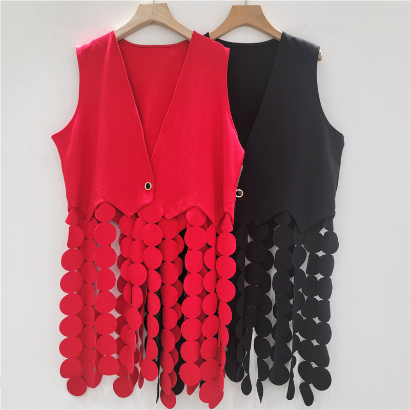 2025 otoño nueva moda de cuello en V sin mangas diseño de mosaico de chaleco de chaqueta de color sólido image 1