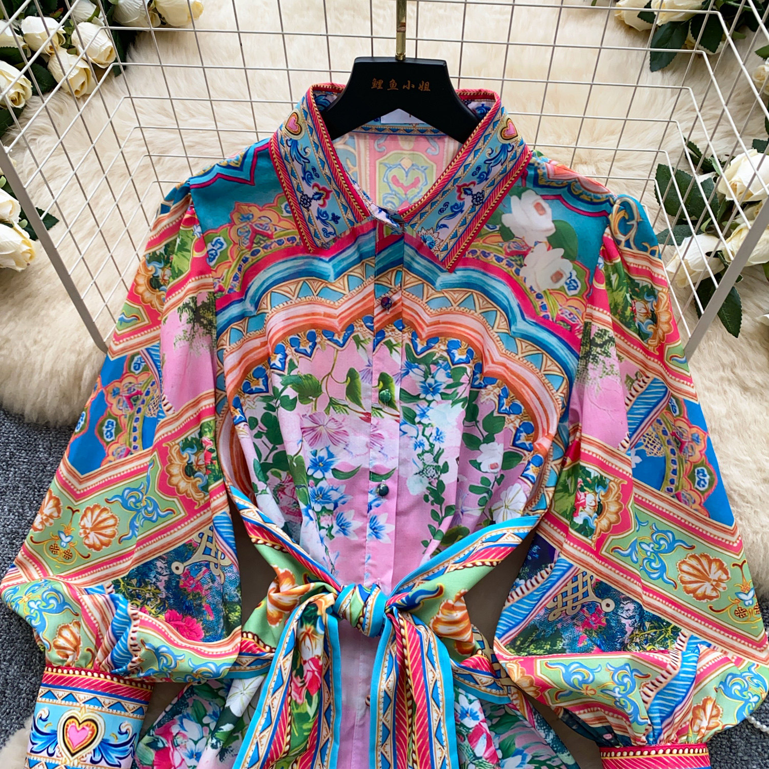 Women's Bohemian Print Dress Korean Style Long Sleeve Shirt Collar Tie Waist Cinching a Line Skirt for Vacation Summer_ecoleips.com