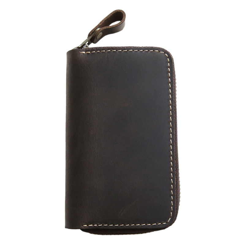 Retro Crazy Horse Leather Key Bag Genuine Leather Large Capacity Multifunctional Storage Bag First Layer Cowhide Men's Home Key Bag