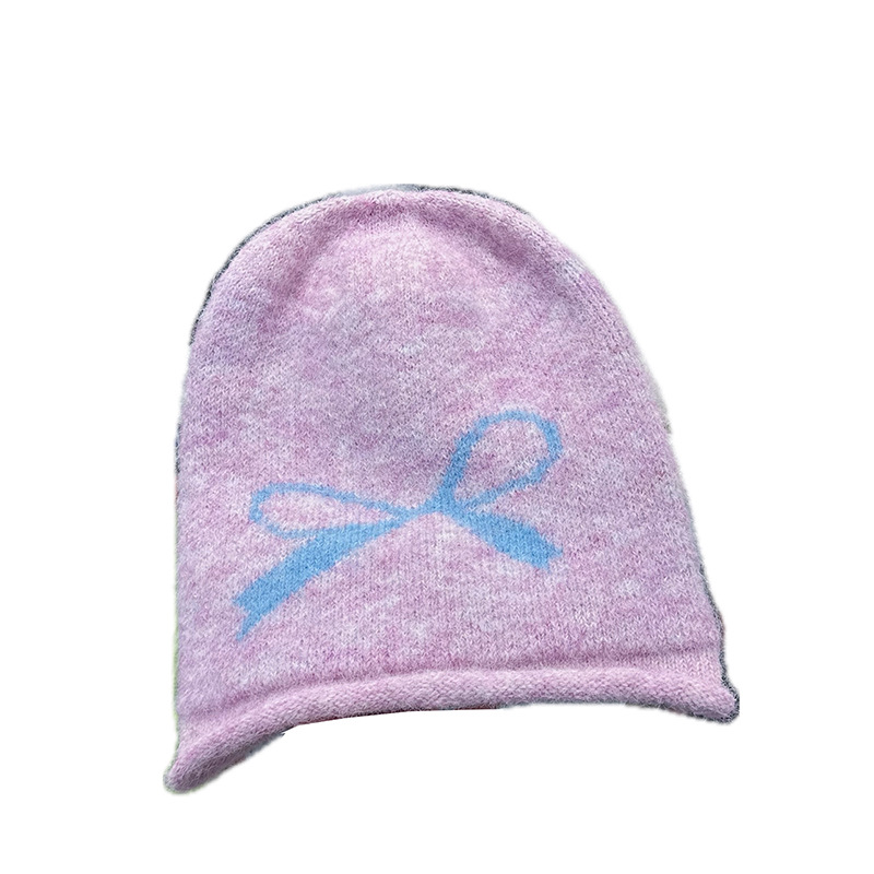South Korea 2024 New Autumn and Winter Sweet Bowknot Printed Curly Knitted Women's Warm Cold Hat_voghion.com