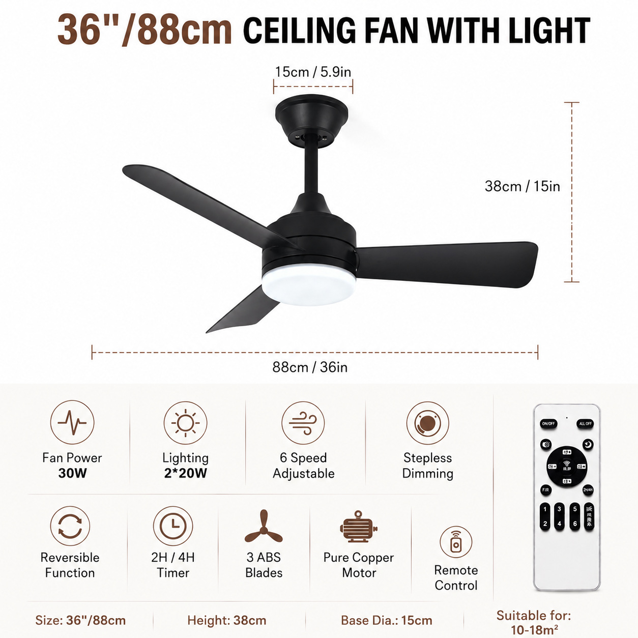 Ventilador de Techo con Luz de PC y ABS con Control Remoto para Dormitorio y Restaurante