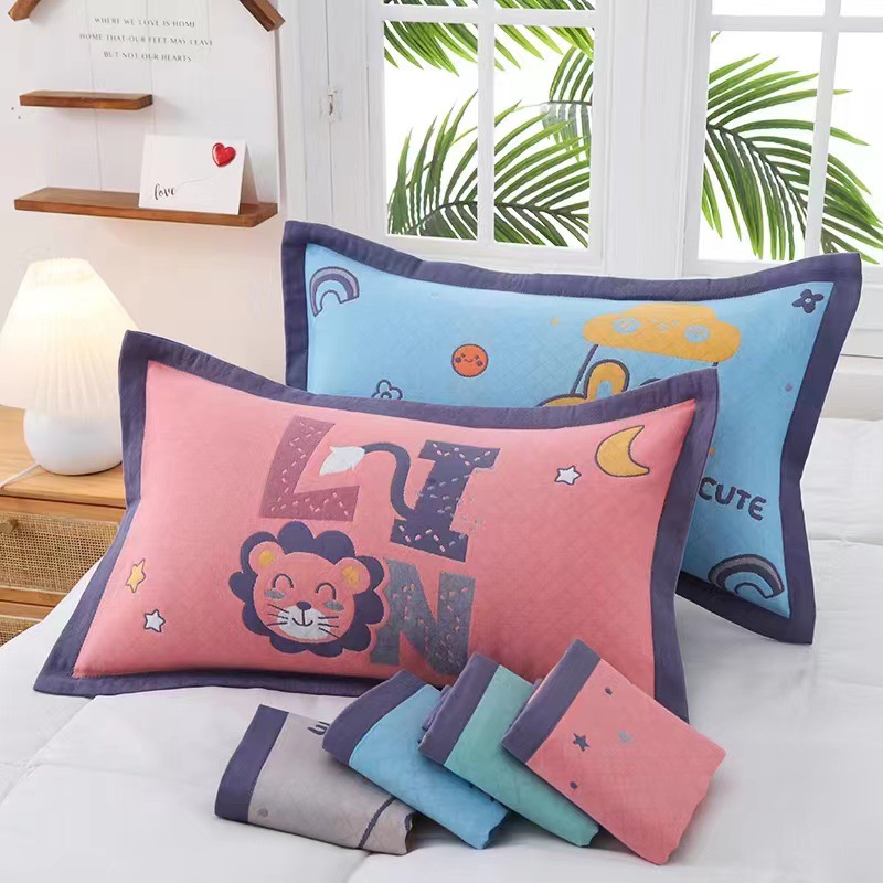 Cute cartoon children's pillowcase with medium gauze, 35*55 cm, wide edge, color-woven jacquard, dirt-proof, durable and soft