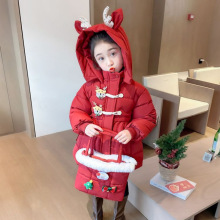 女童冬季棉服女宝中长款2025新款洋气棉衣儿童加厚外套红色棉袄潮