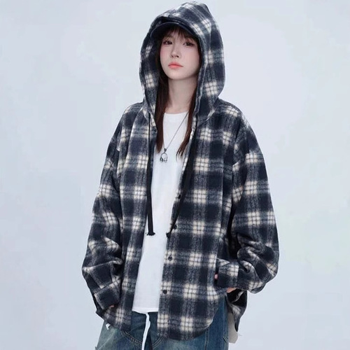 Spring and autumn new style Hong Kong-style plaid hooded shirt coat for men and women's loose and lazy style medium and long casual trend coat
