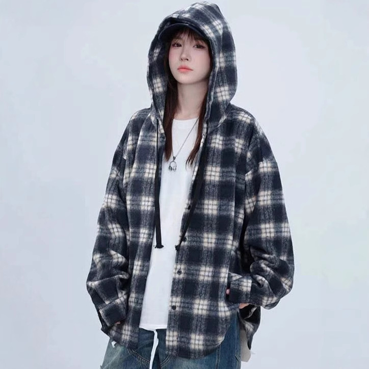 Spring and Autumn New Hong Kong Style Plaid Hooded Shirt Tops Men's and Women's Loose Lazy Style Mid-Length Casual Trendy Tops
