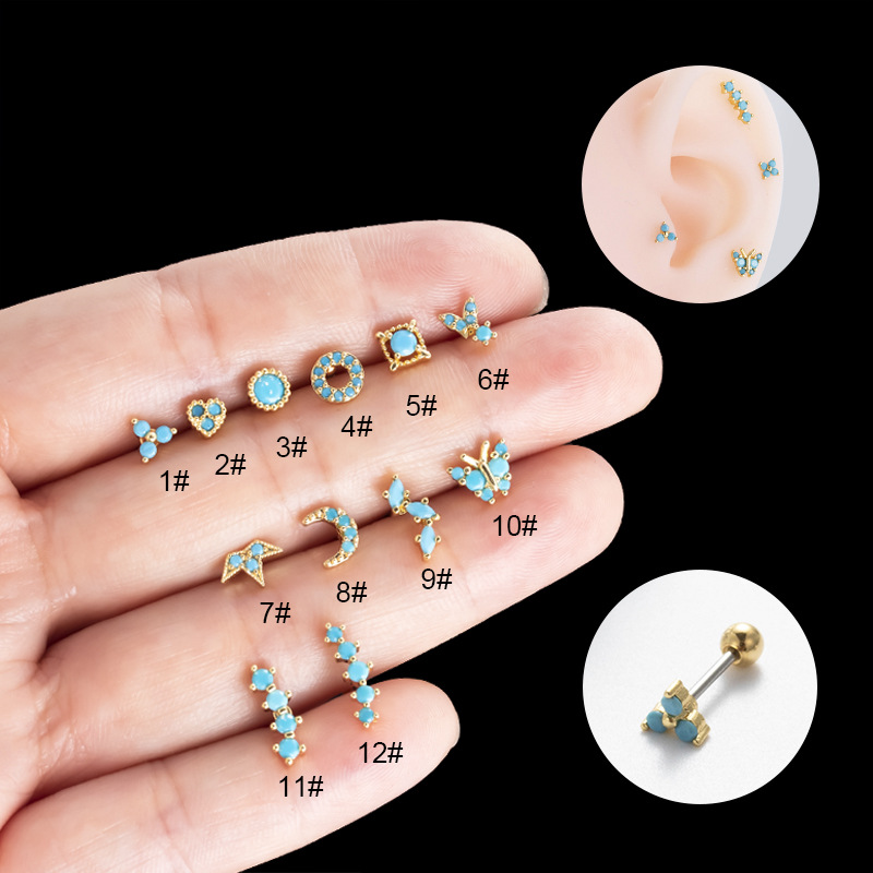 4g Weight 316L Stainless Steel Ear Needle Material 1 Piece Copper Zircon Ear Cartilage Rings & Studs Moon Crown Butterfly Waterproof Non Tarnish Surgical Steel Women'S
