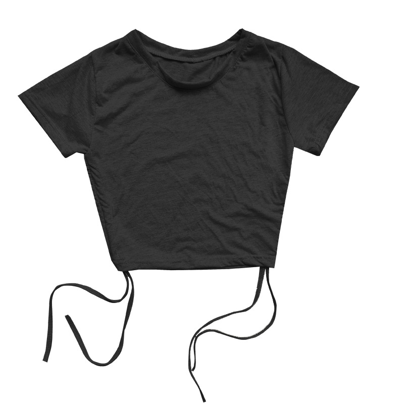 Black T-shirt, with short sleeve, drawstring